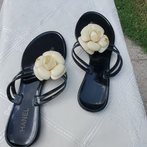 CHANEL Shoes - Coco Chanel Black Jelly White Camellia Sandals CHANEL Shoes - Coco Chanel Black Jelly White Camellia Sandals